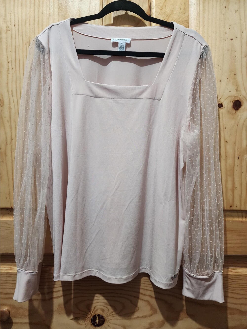 Calvin Klein Blush Pink Square Neck Top with Sheer Dot Sleeves